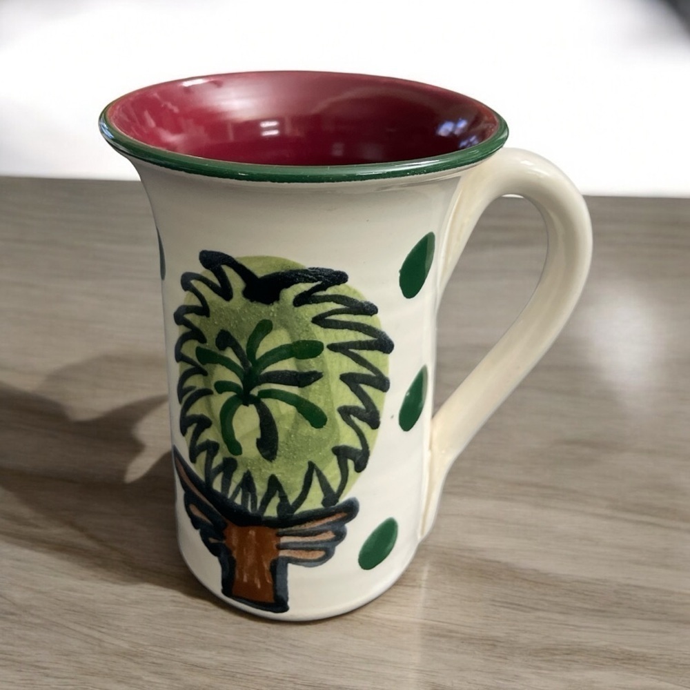 Hand-Painted Ceramic Mug, Folk Art Tree Design, Green & Burgundy Glaze, Rustic